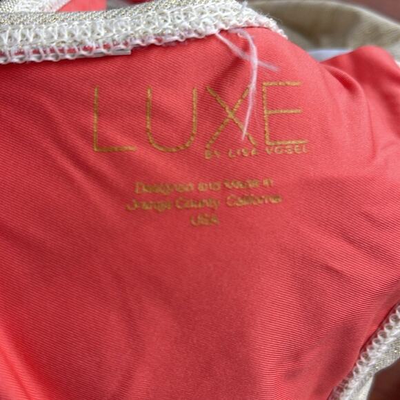 LUXE by Lisa Vogel plunge gold cowl scoop back one piece swimsuit with pads 6 - Picture 7 of 7